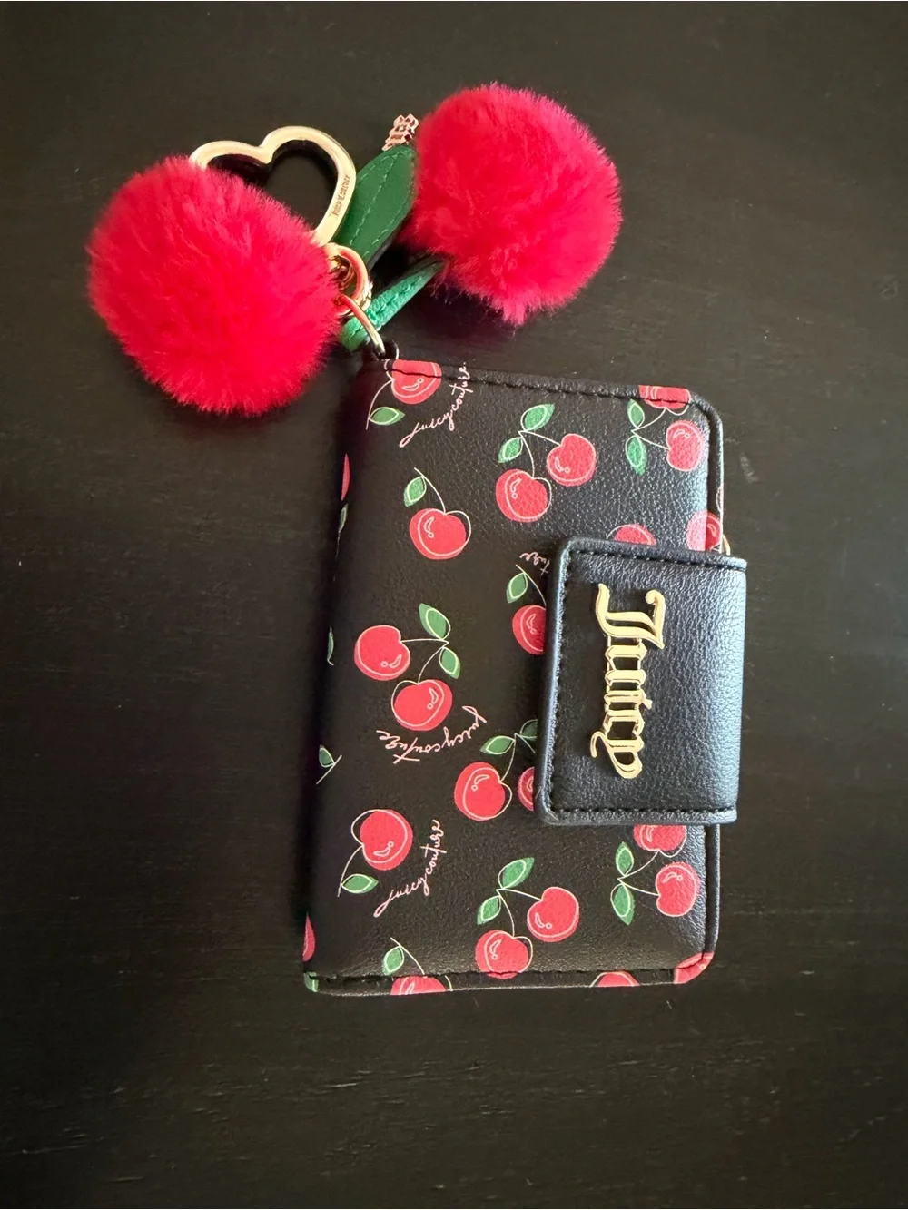 Juicy Couture Black Cherry Print Kids Wallet with Red Pom-Pom Keychain